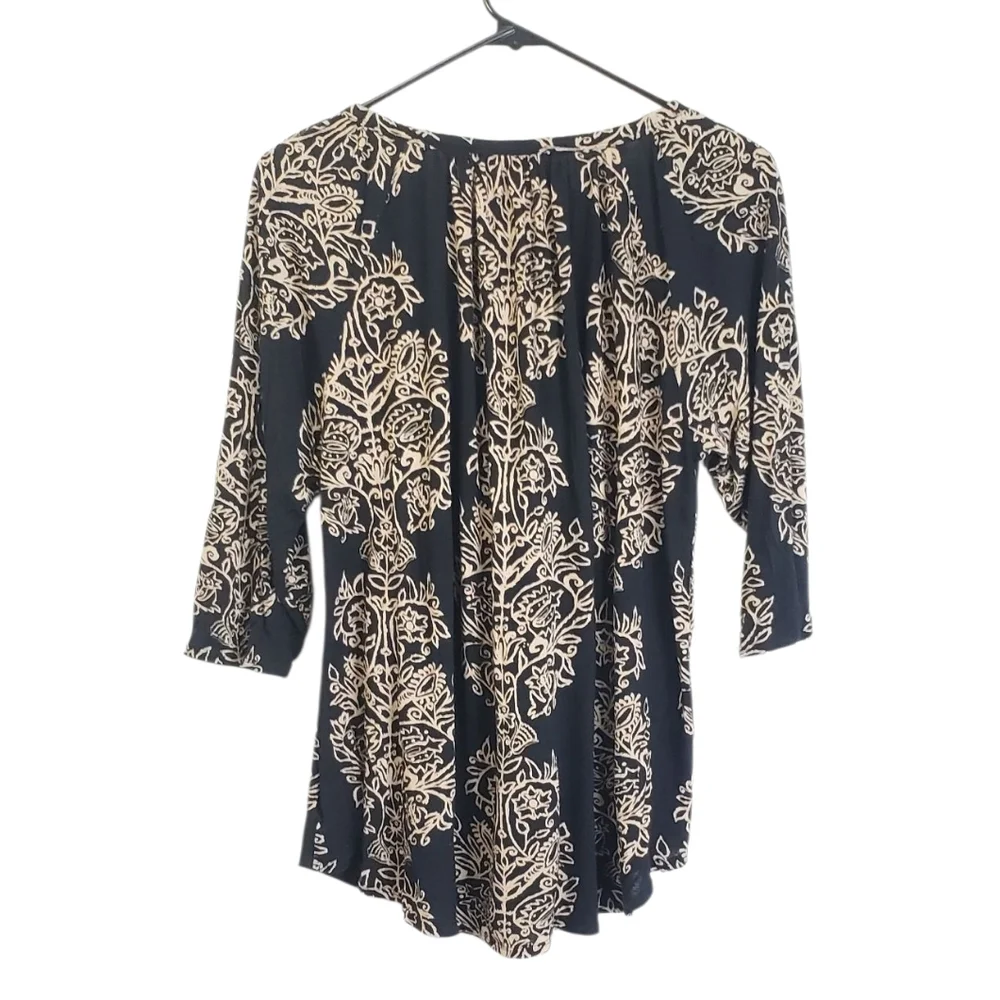 Lucky Brand Black Keyhole Detail Peasant Top Black & Tan Size 1X Boho
